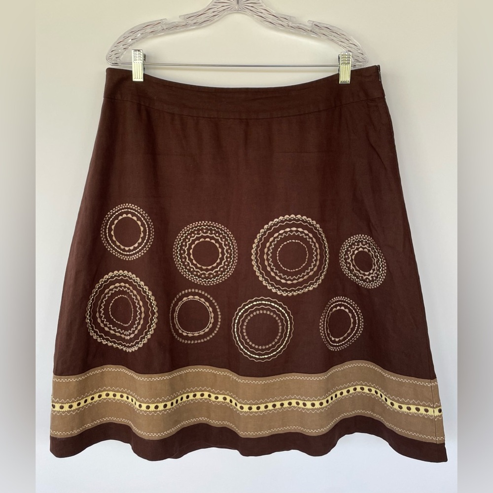 TALBOTS Women’s 100% Linen Skirt Embroidered Brown Tan Sz 16 Boho Beach Cottage